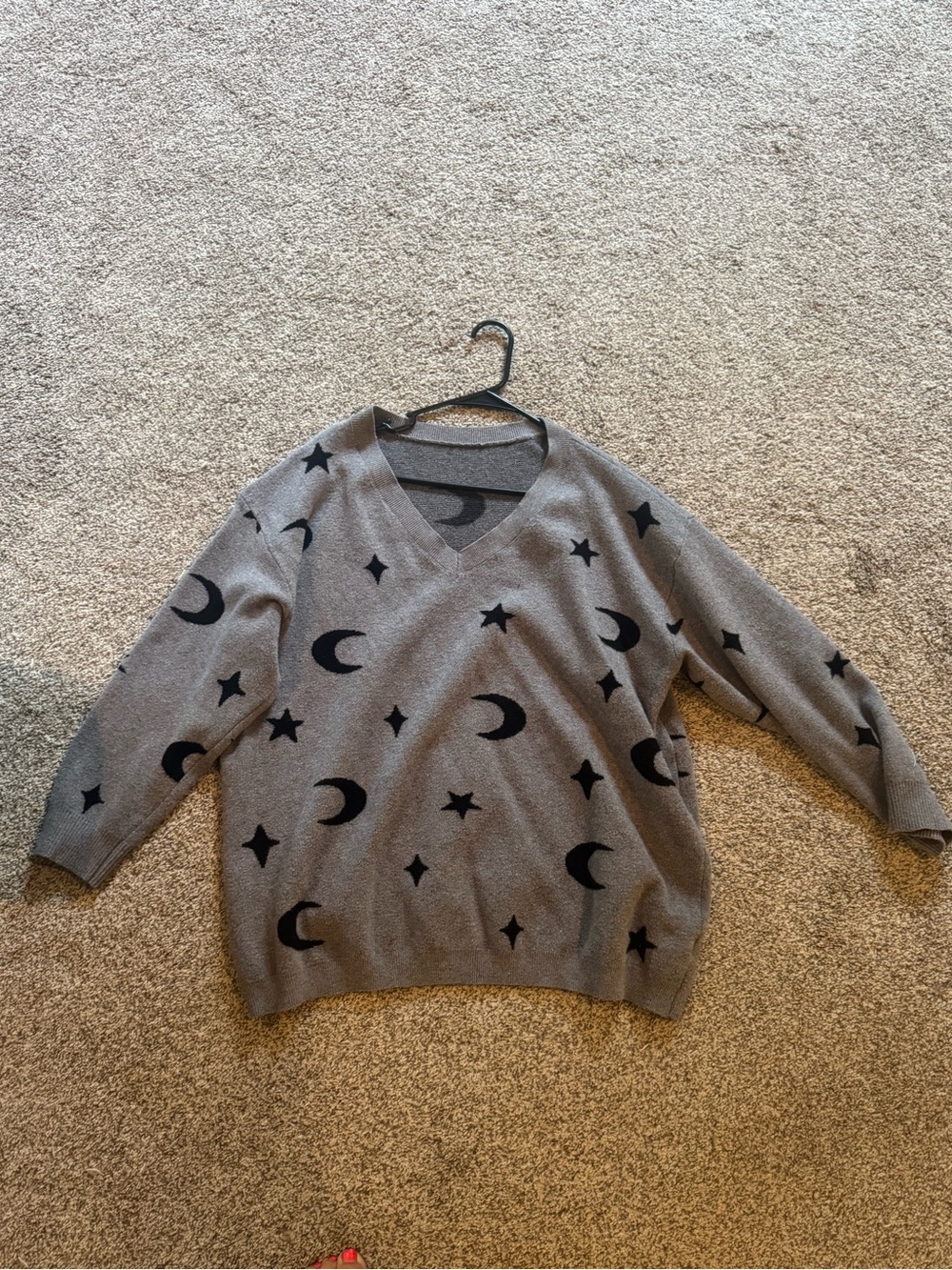 BloomChic V-Neck Moon & Star Sweater - Gray with Black Motifs